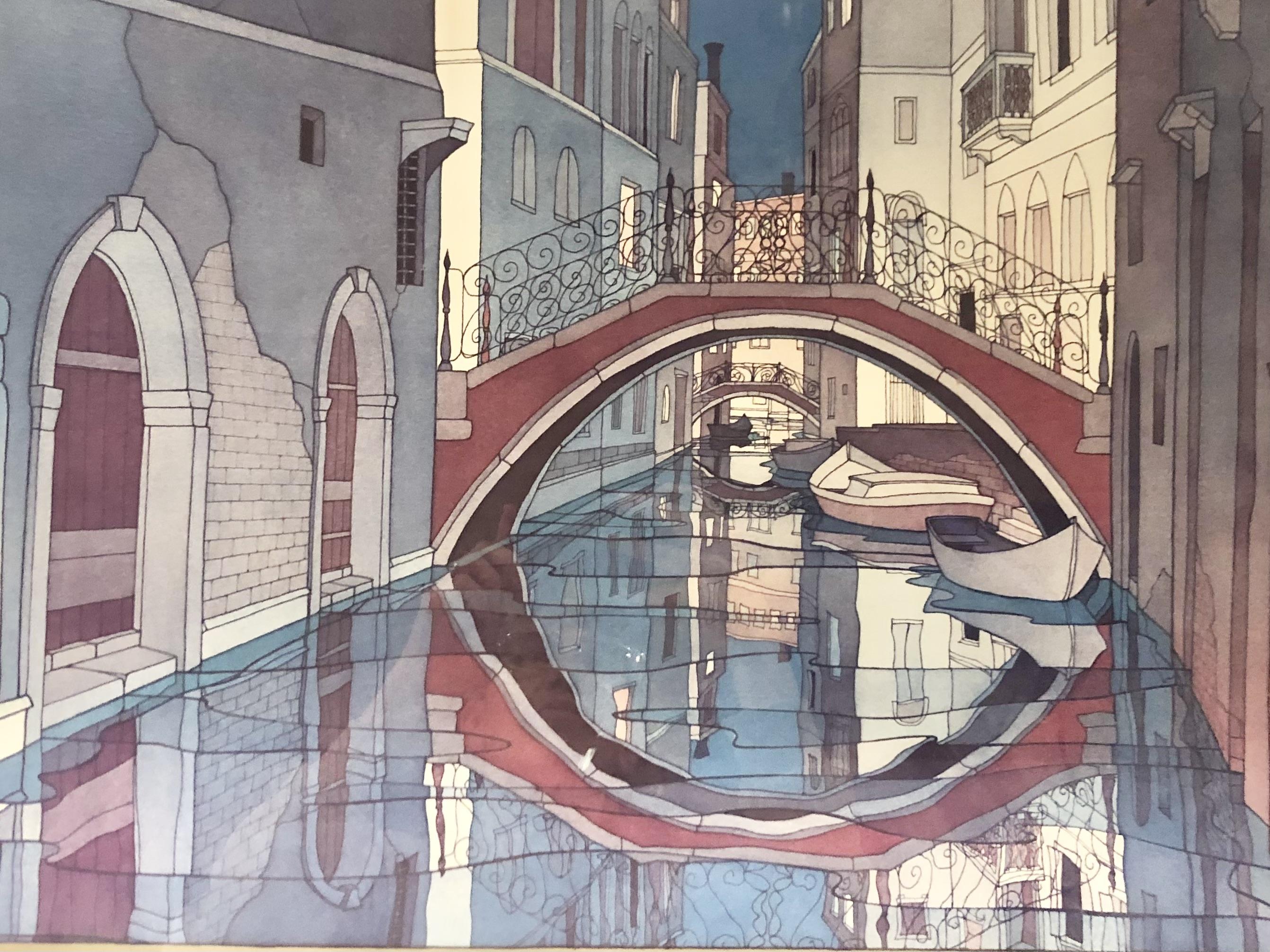 Watercolor of a Venice canal send and reflective bridge in blues, tan, and red/purple