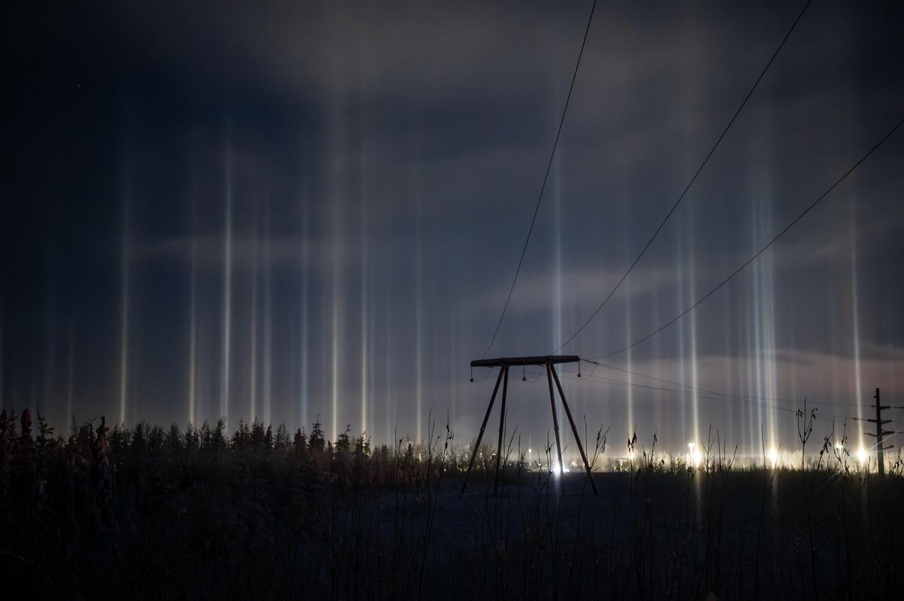 A winter night scene showing tall, narrow light pillars rising above a dark treeline in Fairbanks, Alaska. The pillars are evenly spaced and pale white, stretching upward into a cloudy sky. In the foreground, power lines and a utility pole cut diagonally across the frame, with frozen grasses and low shrubs visible at ground level.