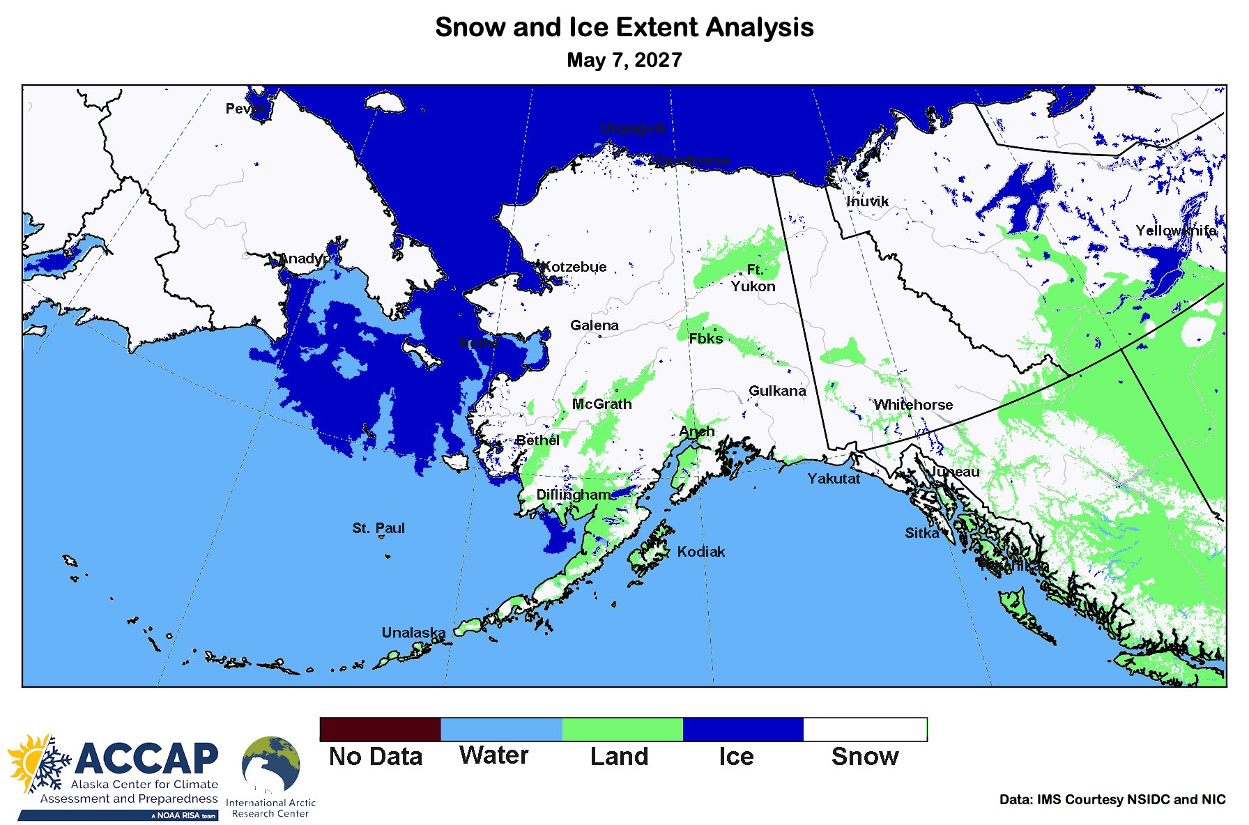 Map centered on Alaska showing areas of snow cover, bare ground and ice cover as of May 7, 2026.
