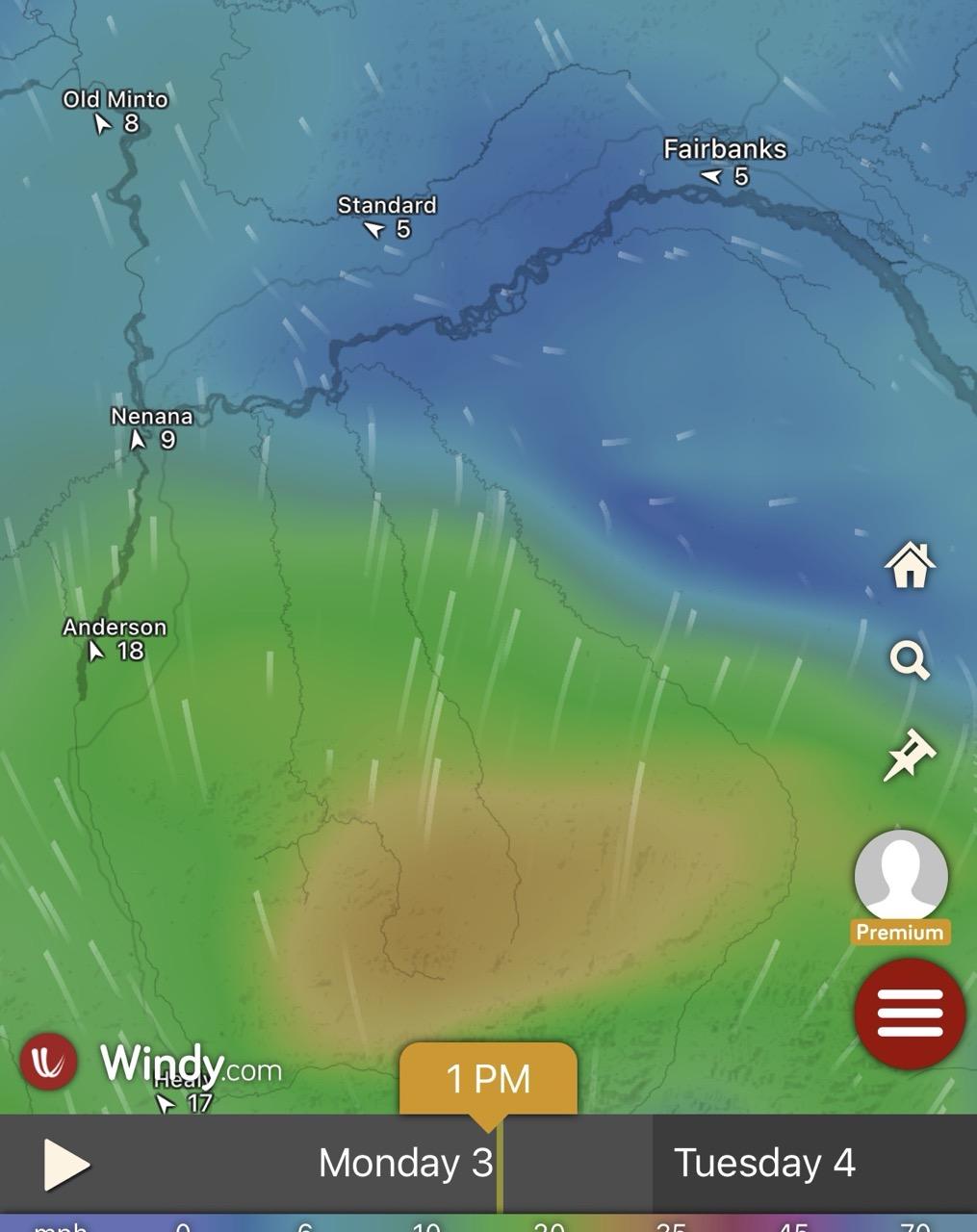 Wind direction (arrows) and speed (color ramp) between Tatlanika fire and Standard Creek/Keystone Ridge area.